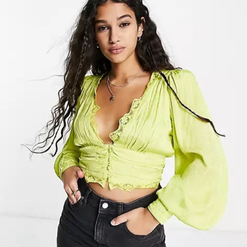 Miss Selfridge Satin Jacquard Lace Trim Top Shirt in Lime Green NWT ASOS Sz 4
